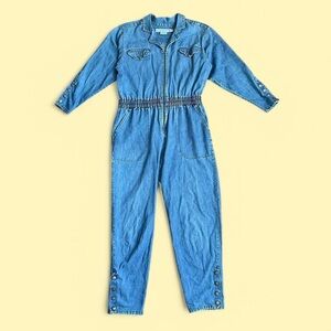 Blue Utility Jumpsuit with Collared Neckline and Elastic Waist